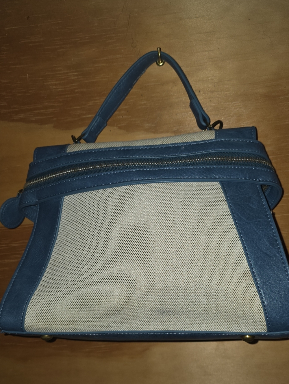 Blue and Cream Structured Top-Handle Satchel - Women's Tote